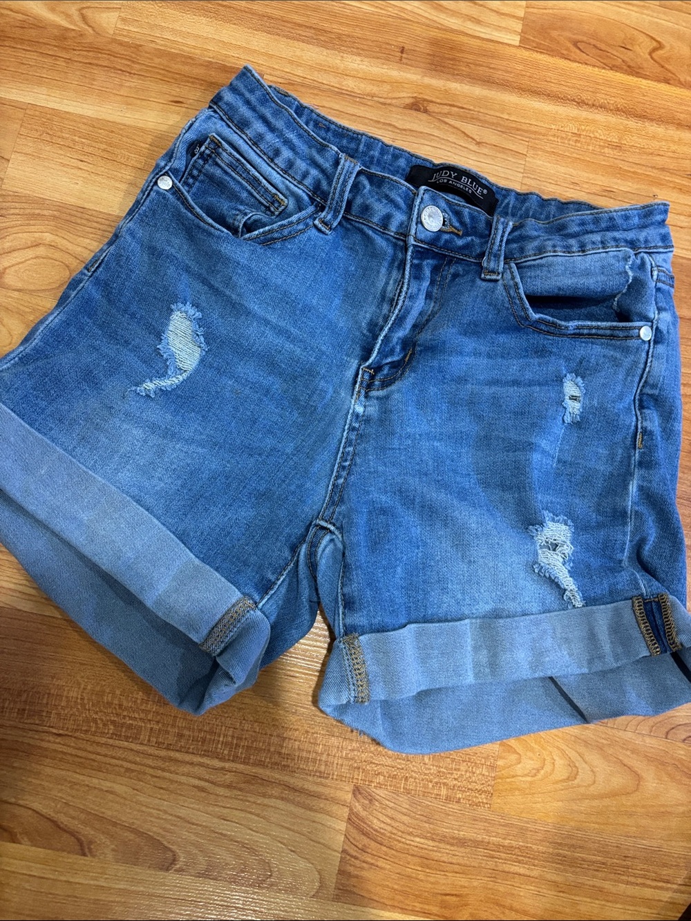 Judy Blue Distressed Rolled-Hem Denim Shorts - Blue - Picture 3 of 5